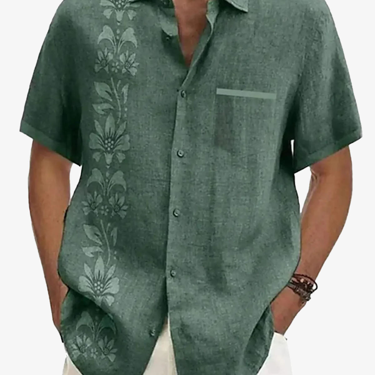 Men's Unilateral Striped Flower Vacation Casual Short Sleeve Shirt