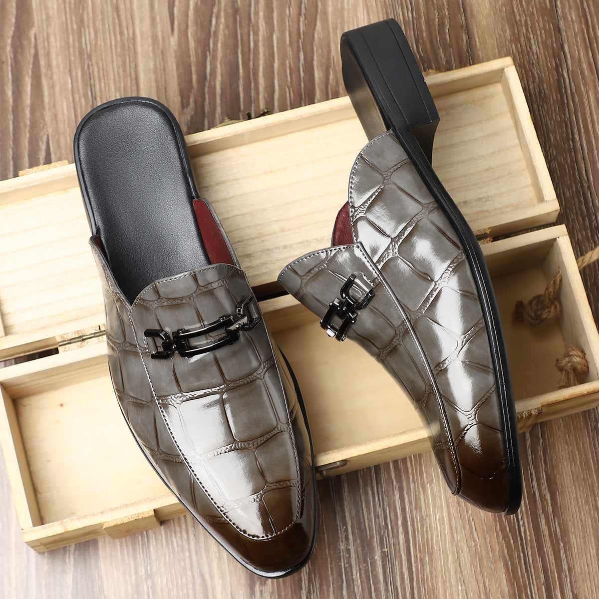 Victor Grey Croc Slip-On Shoes – Men’s Casual Backless Loafers
