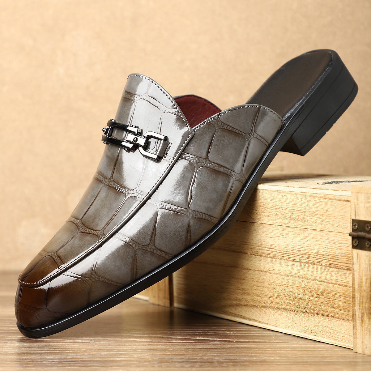 Victor Grey Croc Slip-On Shoes – Men’s Casual Backless Loafers