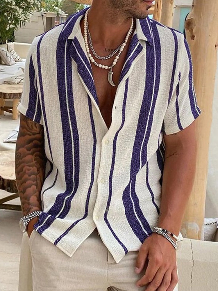 Spraykis Men's Vacation Striped Cotton linen Shirt