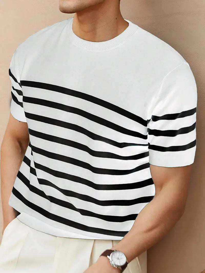 Spraykis | Men's  Striped Knit Shirt – Regular Fit Round Neck Breathable Shirt