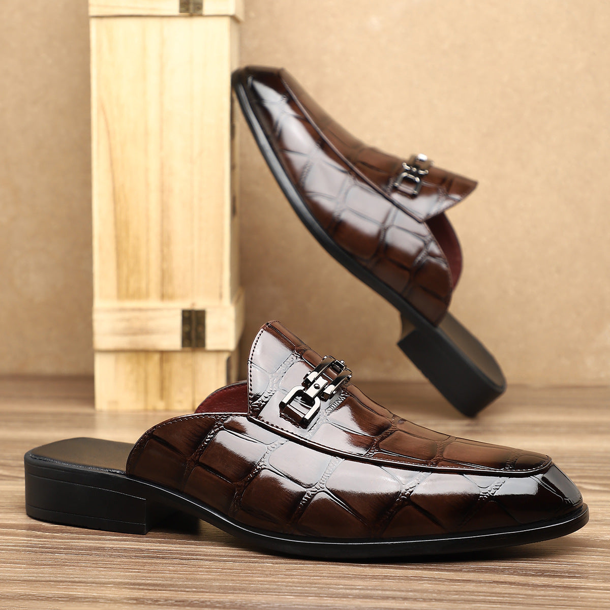 Victor Grey Croc Slip-On Shoes – Men’s Casual Backless Loafers