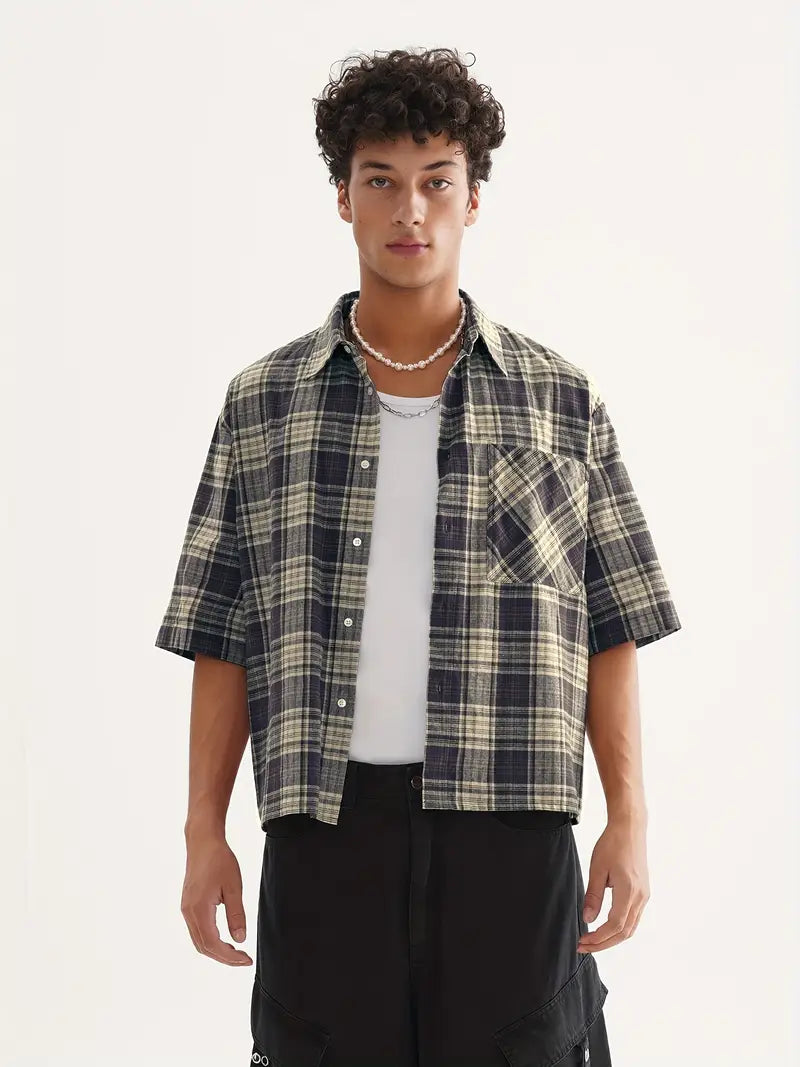 Spraykis | Men's Retro Plaid Cropped Shirt – Short Sleeve Loose Fit Cotton Button-Up for Summer