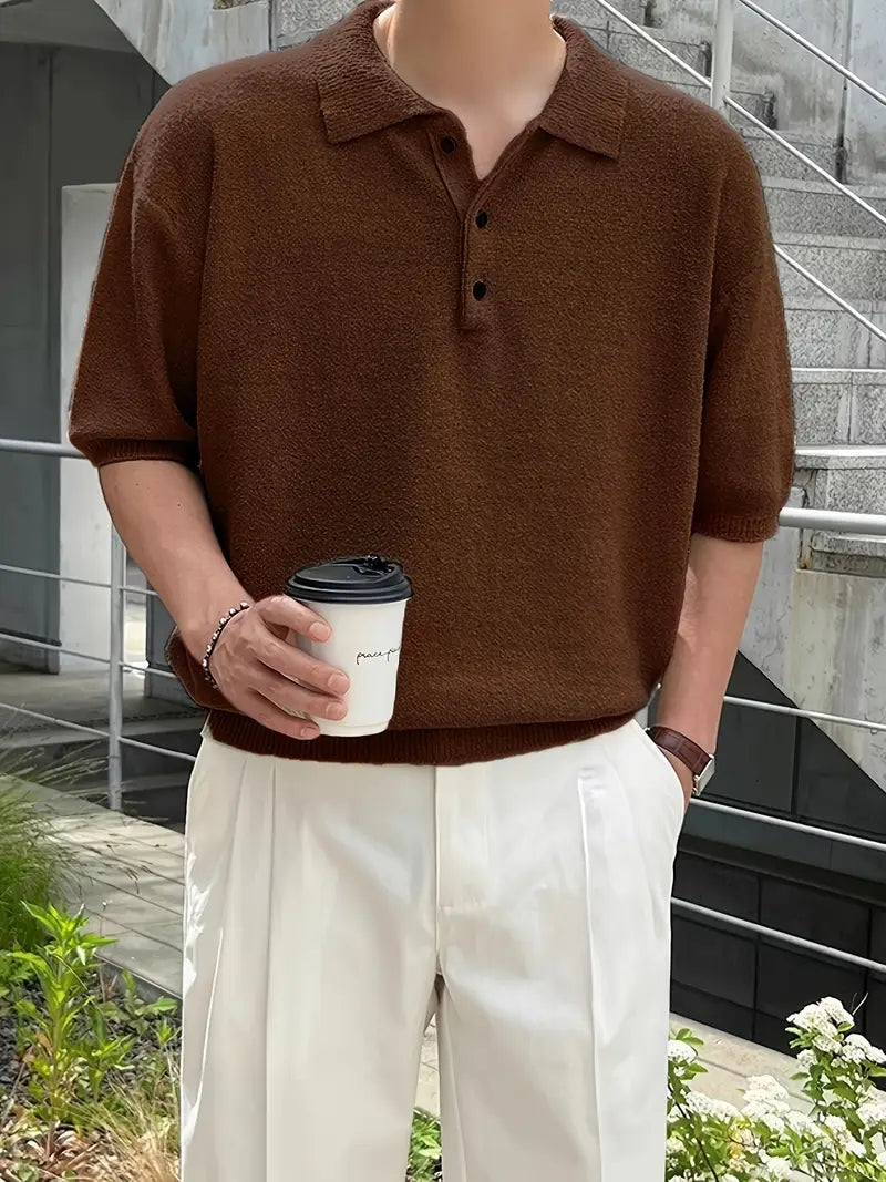 Spraykis | Men's Vintage-Inspired Knit Shirt – Preppy Style, Loose Fit, Button-Up Collar, Summer Pullover