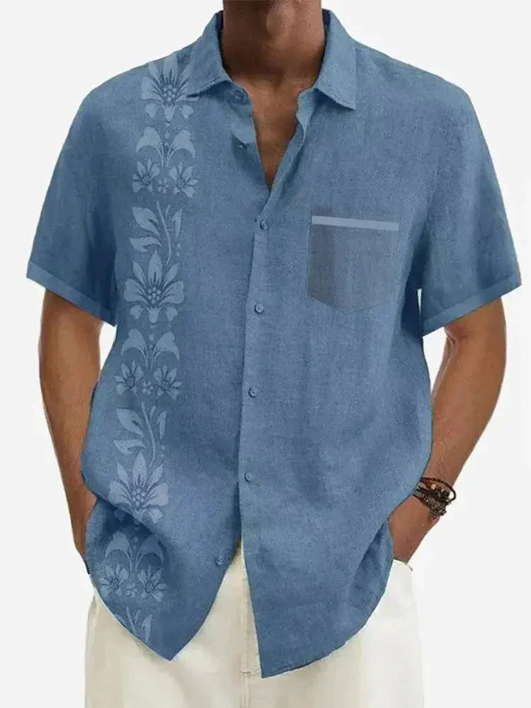 Men's Unilateral Striped Flower Vacation Casual Short Sleeve Shirt
