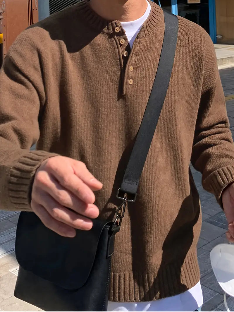 Spraykis | Men's Brown Crew Neck Knit Sweater – Button-Up, Loose Fit, Contrast Trim, Fall/Winter Wear