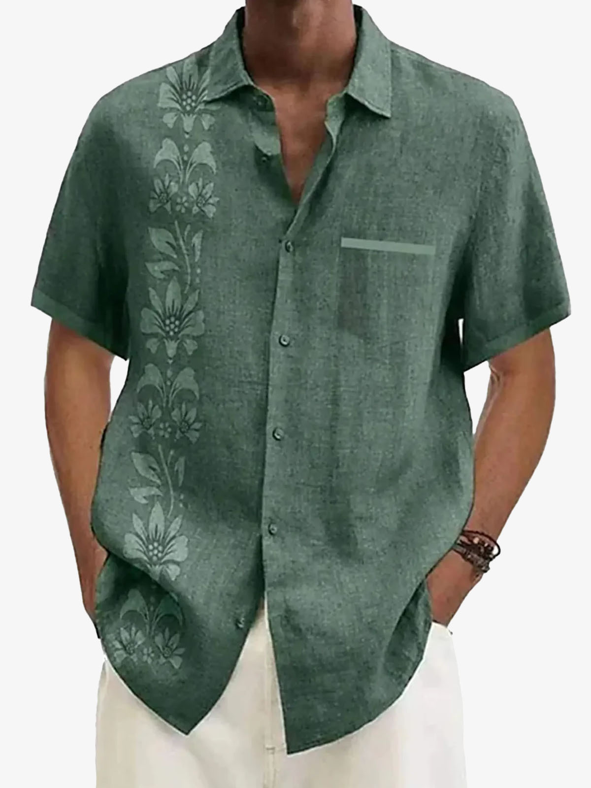 Men's Unilateral Striped Flower Vacation Casual Short Sleeve Shirt