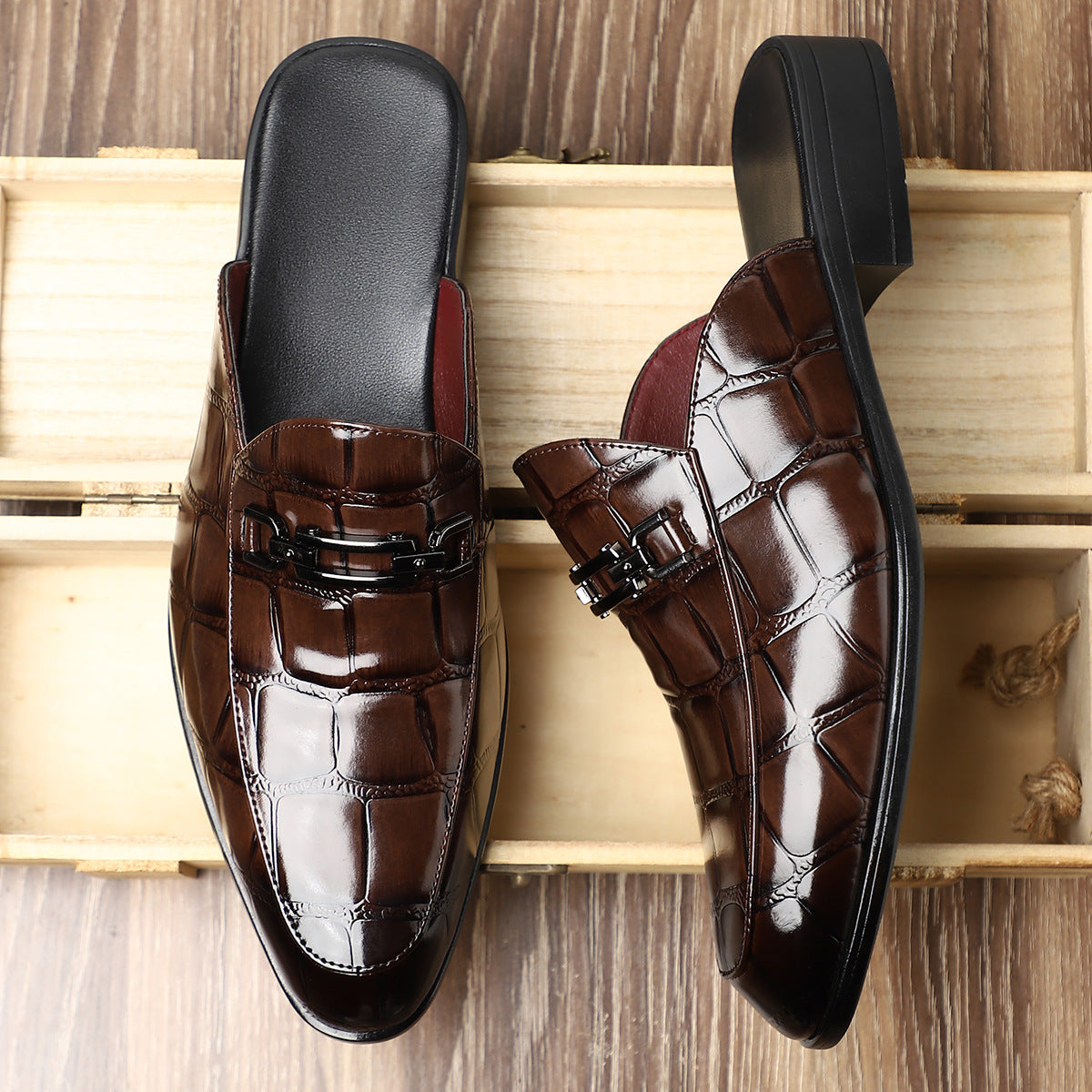 Victor Grey Croc Slip-On Shoes – Men’s Casual Backless Loafers
