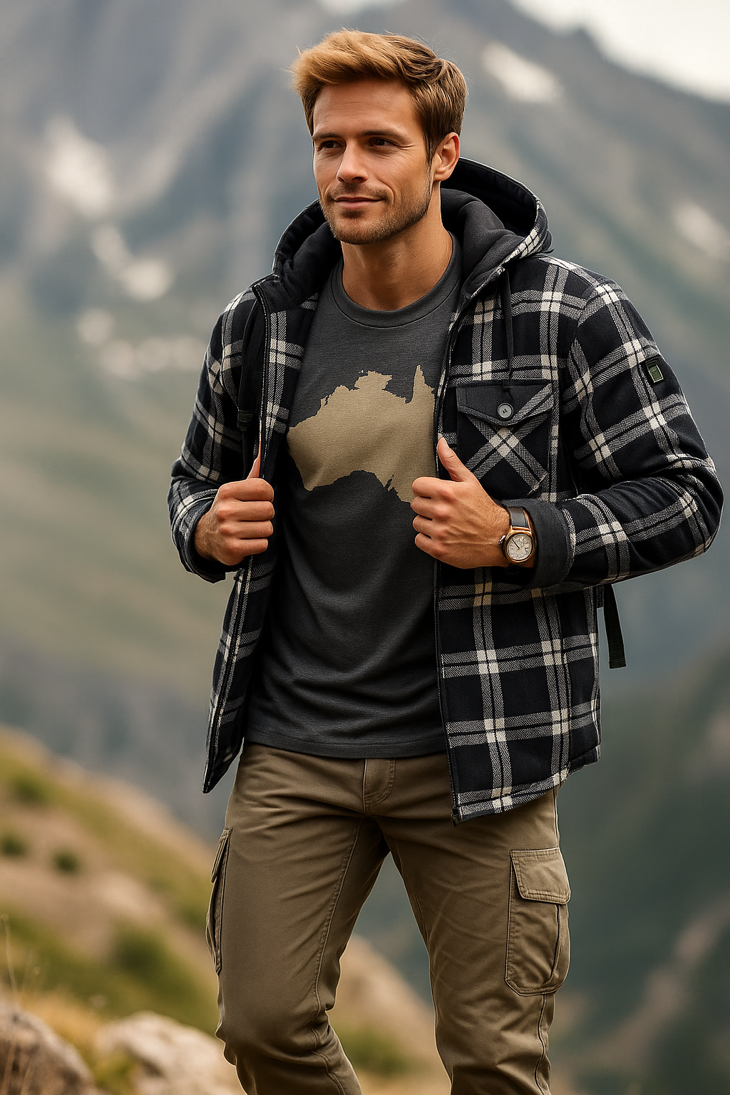 Warm Men Hooded Plaid Shirt Jacket