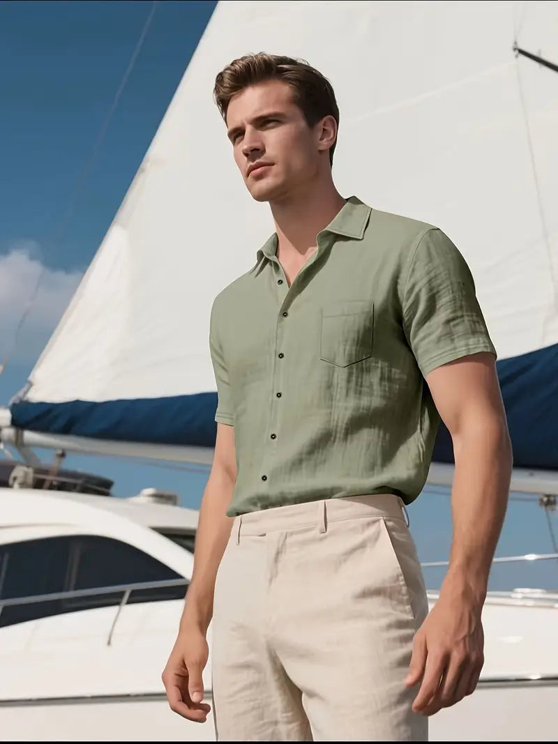 Spraykis | Men's Casual Linen Short Sleeve Shirt – Breathable Summer Button-Up