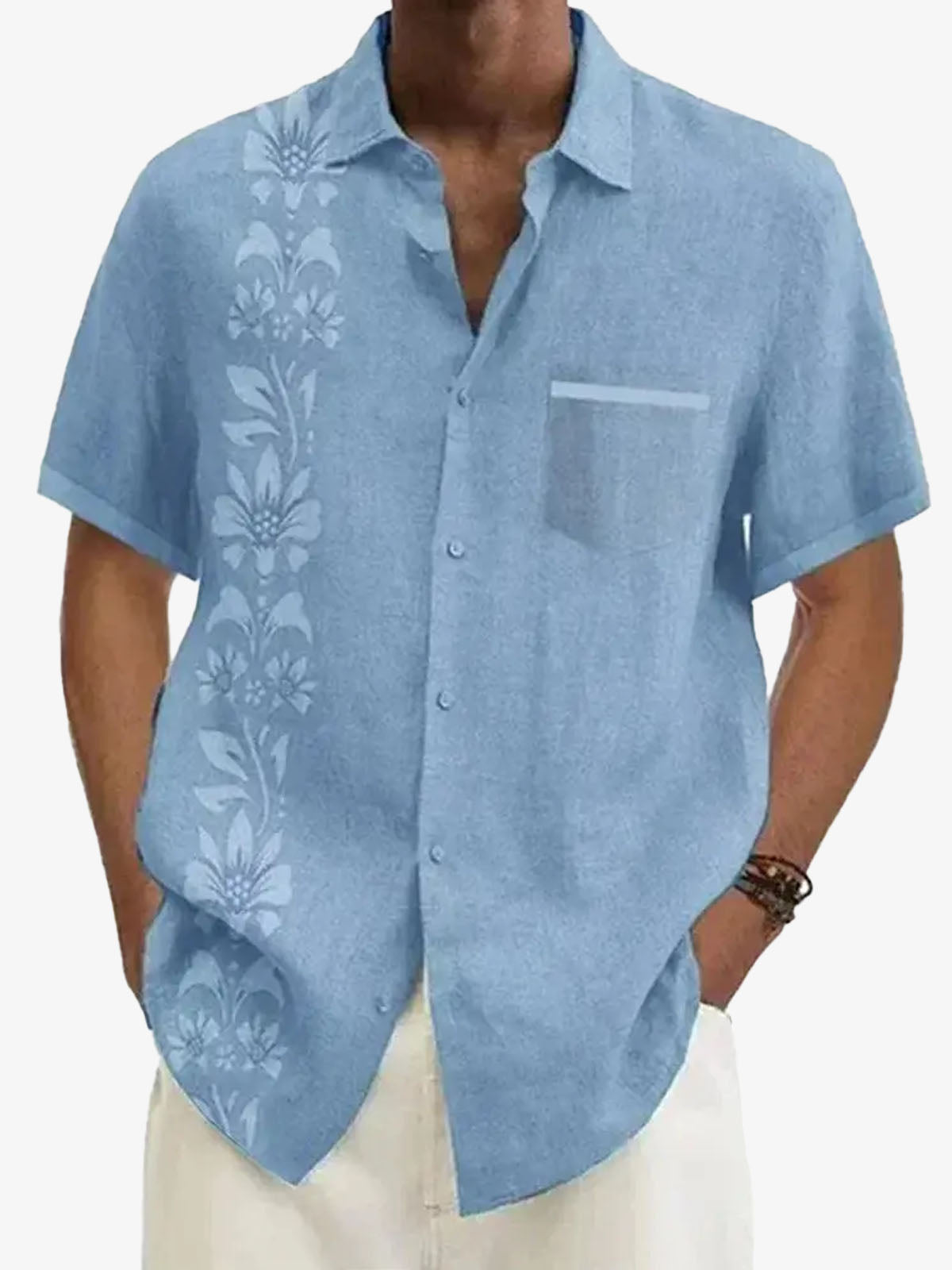 Men's Unilateral Striped Flower Vacation Casual Short Sleeve Shirt