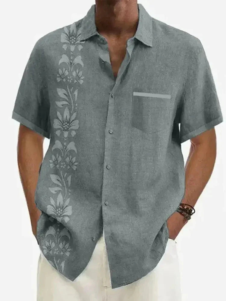 Men's Unilateral Striped Flower Vacation Casual Short Sleeve Shirt