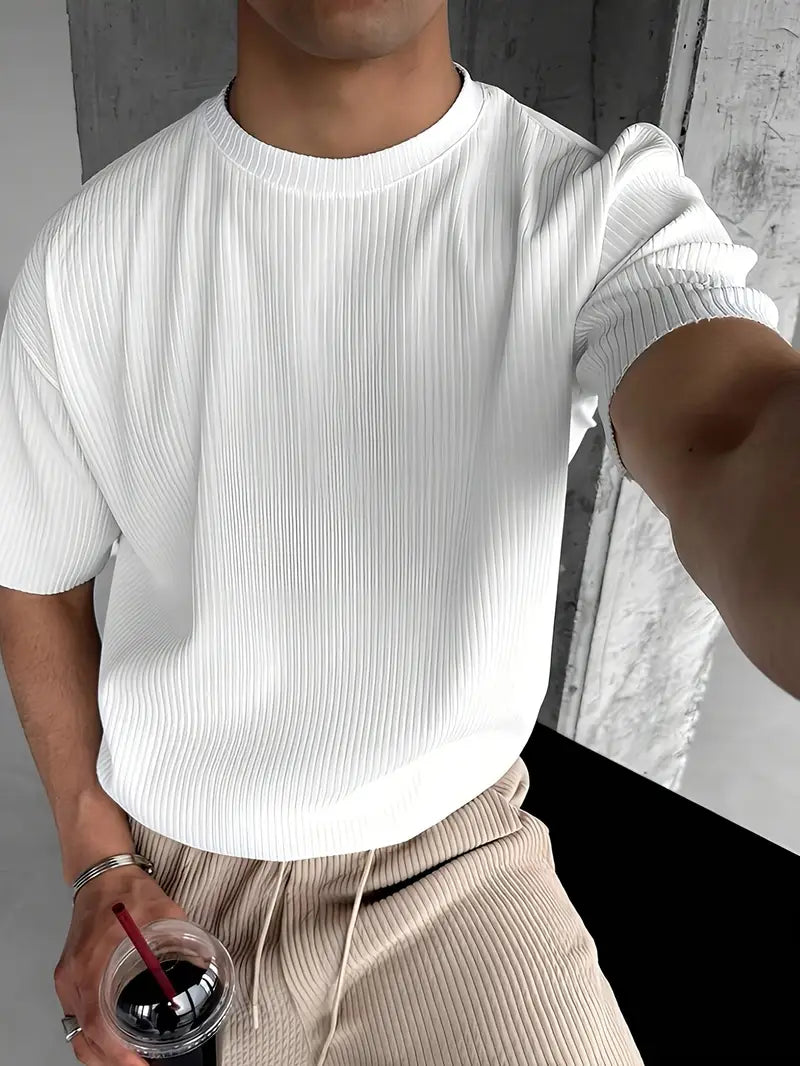 Spraykis | Men's Summer Textured Short Sleeve T-Shirt – Crew Neck, Solid Color, Breathable & Versatile