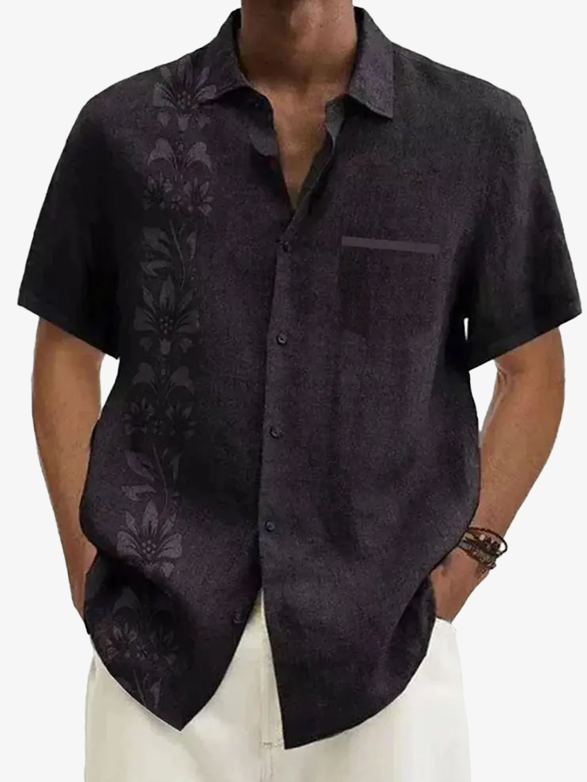 Men's Unilateral Striped Flower Vacation Casual Short Sleeve Shirt