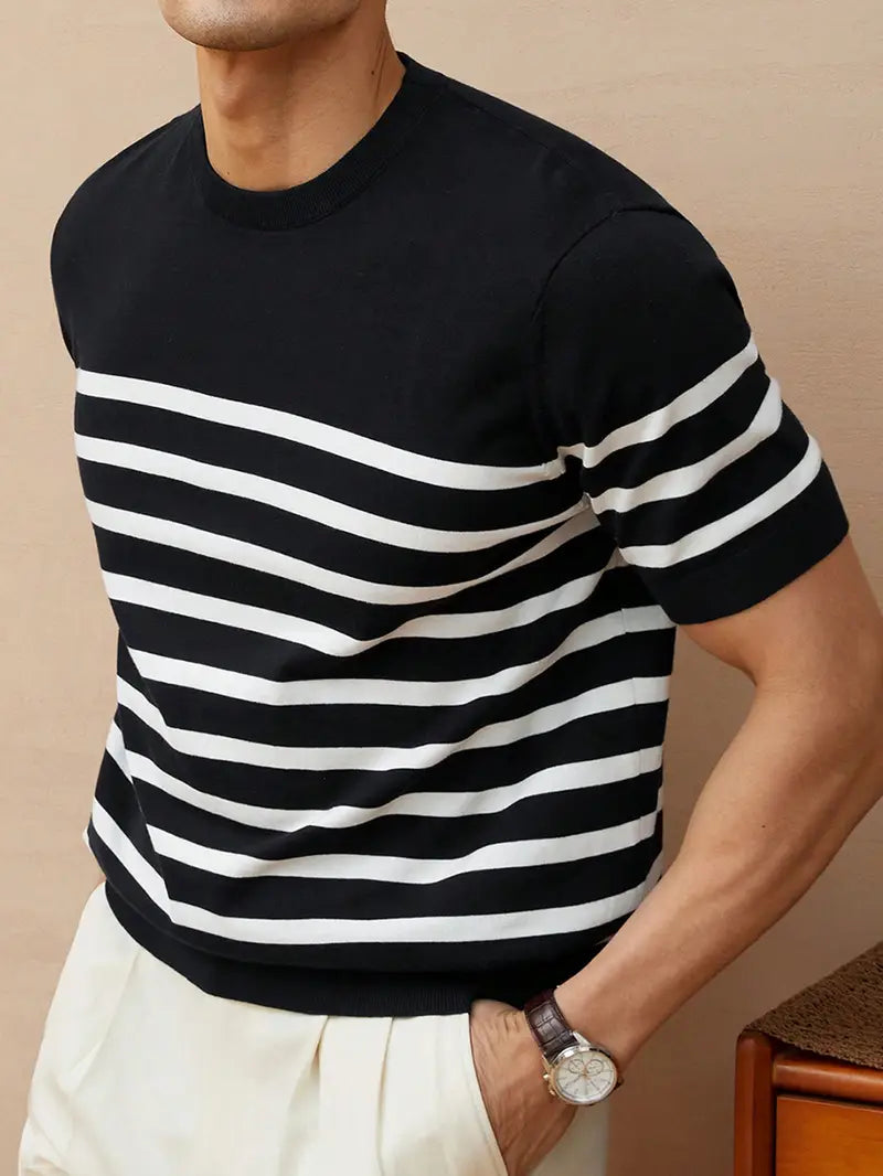 Spraykis | Men's  Striped Knit Shirt – Regular Fit Round Neck Breathable Shirt