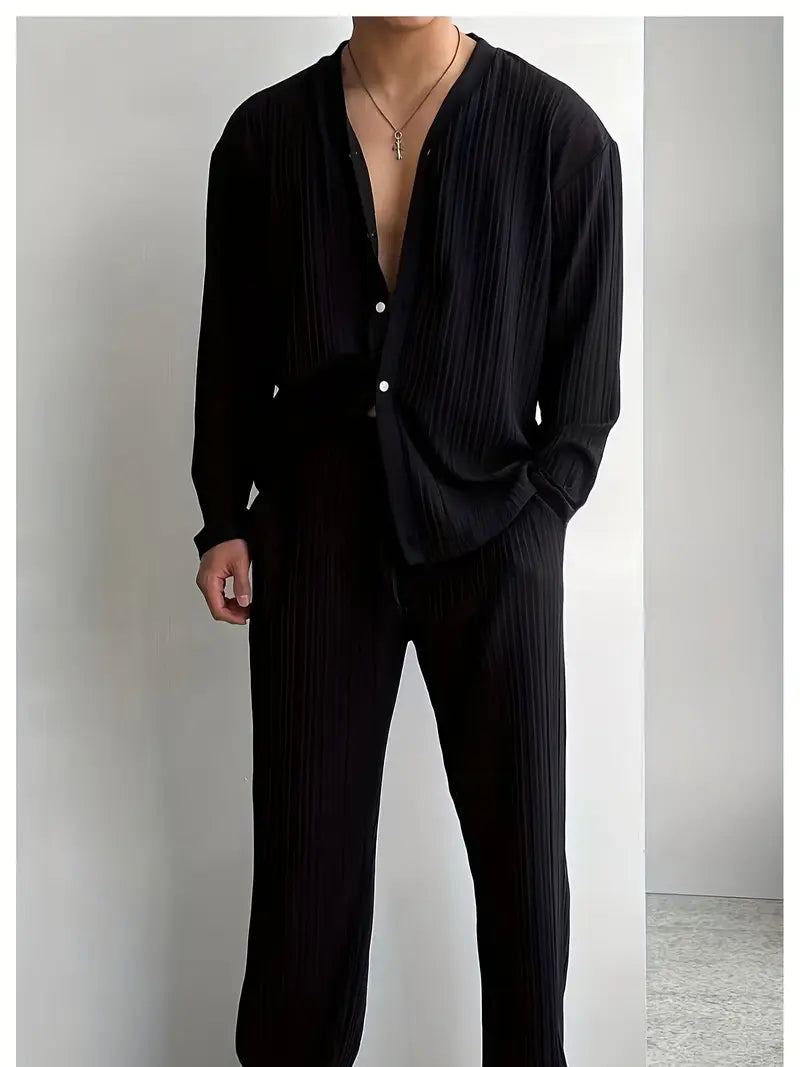 Spraykis | Men's Striped V-Neck Shirt & Pants Set – Relaxed Fit, Button-Up, Casual Beach Outfit