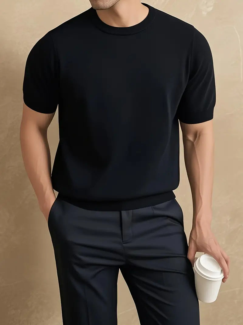Spraykis | Men's Round Neck Business Sweater – Short Sleeve Lightweight Knit for Spring & Summer