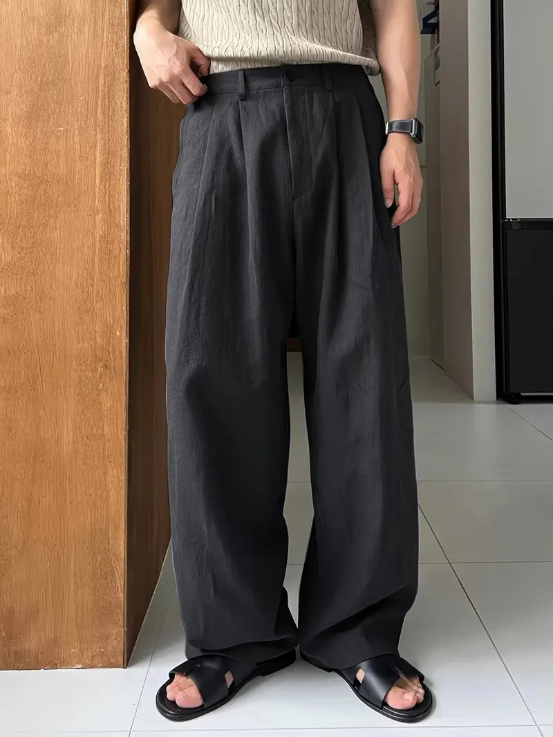 Spraykis | Men's Linen Straight-Leg Pants – Loose Fit, Solid Color, All-Season Comfort with Pockets