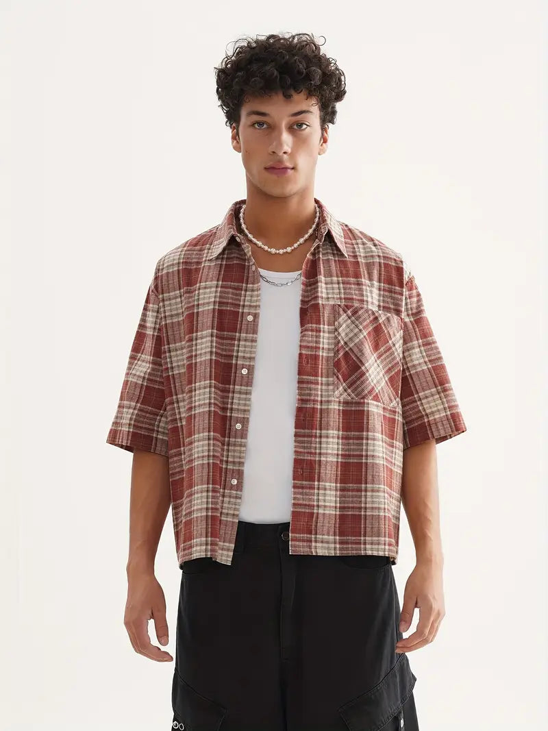 Spraykis | Men's Retro Plaid Cropped Shirt – Short Sleeve Loose Fit Cotton Button-Up for Summer