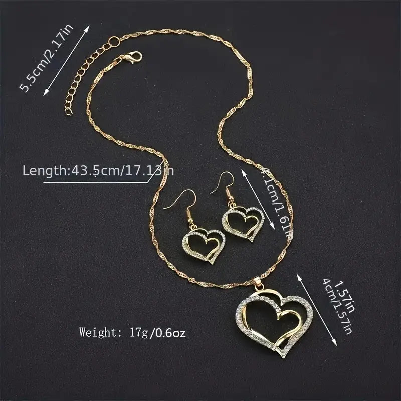 3-Piece Double Heart Jewelry Set for Women – Romantic Peach Heart Necklace, Earrings & Ring