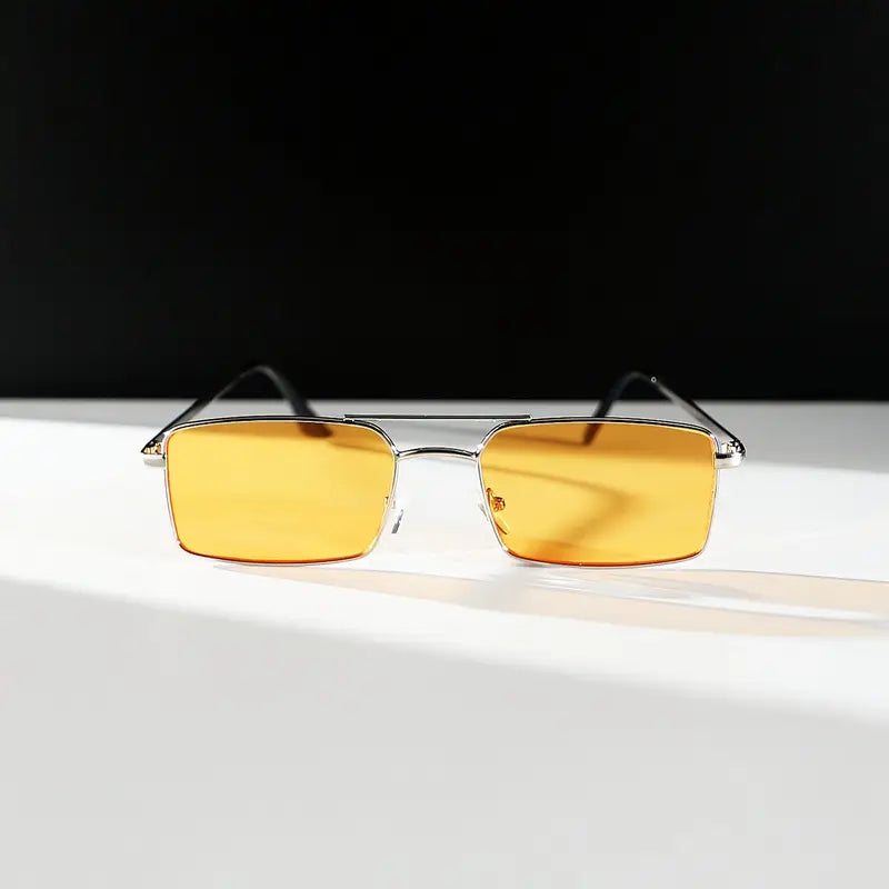 Men's Retro Metal Frame Glasses – Narrow Double Arch Design, Orange-Tinted Lenses, Lightweight Durable Vintage Fashion Eyewear