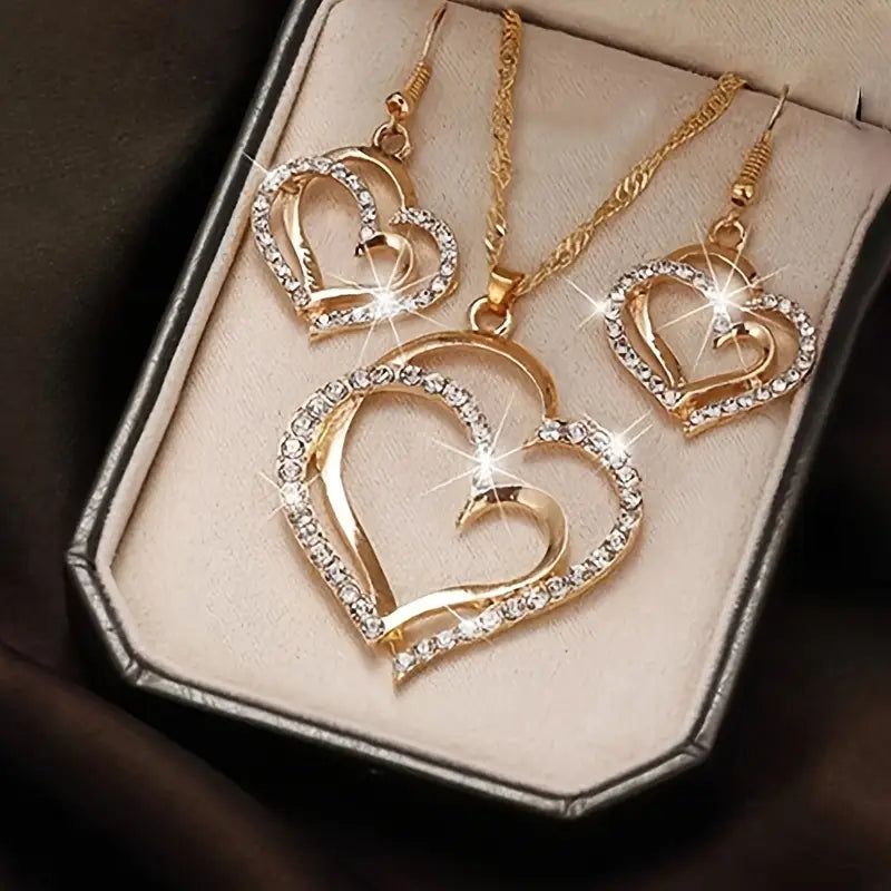 3-Piece Double Heart Jewelry Set for Women – Romantic Peach Heart Necklace, Earrings & Ring
