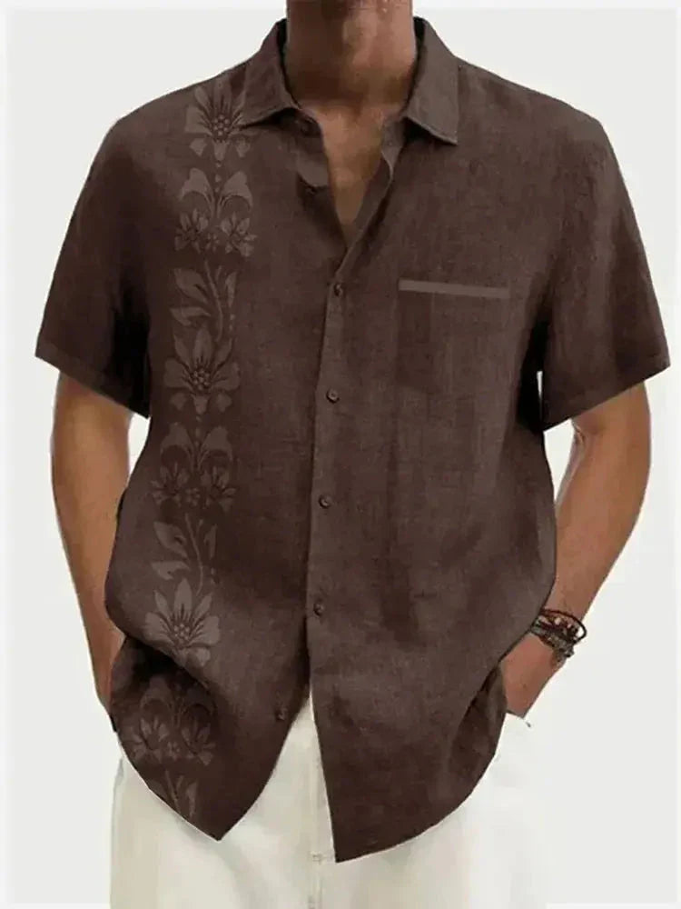 Men's Unilateral Striped Flower Vacation Casual Short Sleeve Shirt