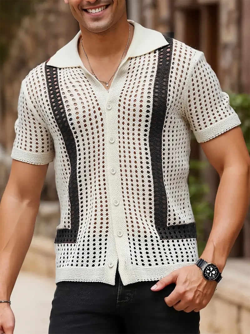 Spraykis | Men's Colorblock Striped Knit Button-Up – Short Sleeve Casual Vacation Shirt