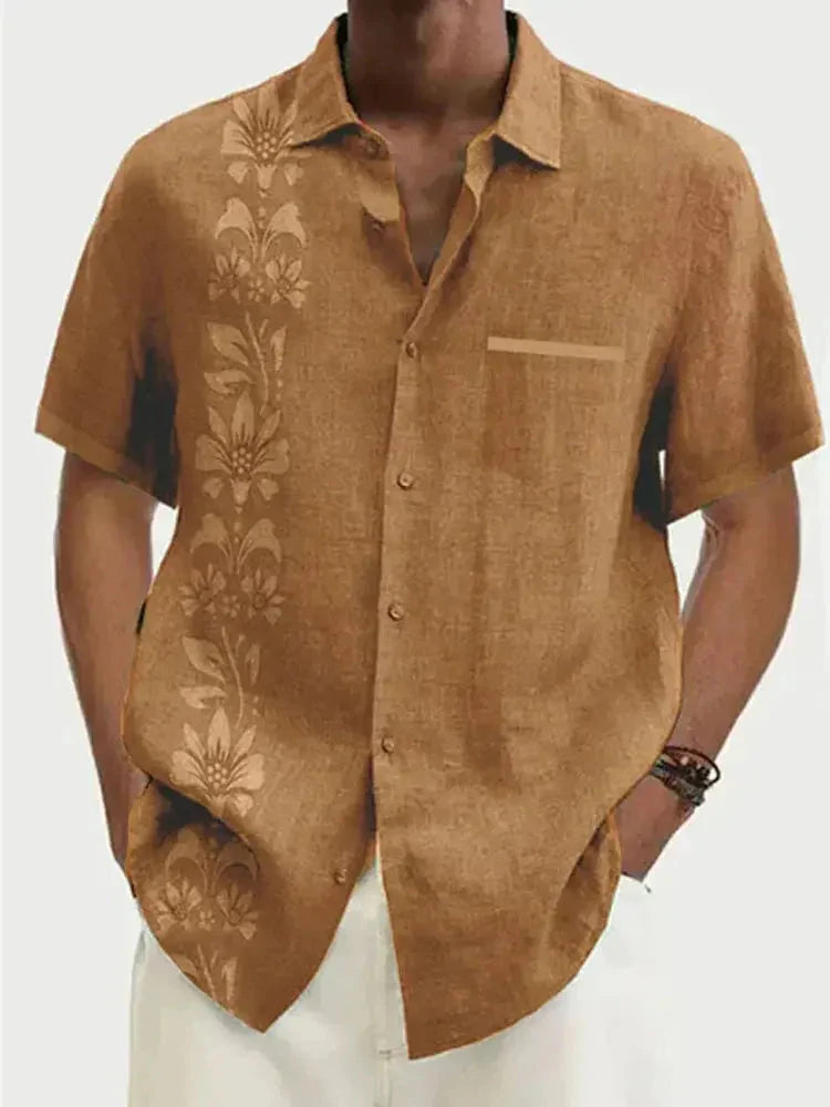 Men's Unilateral Striped Flower Vacation Casual Short Sleeve Shirt
