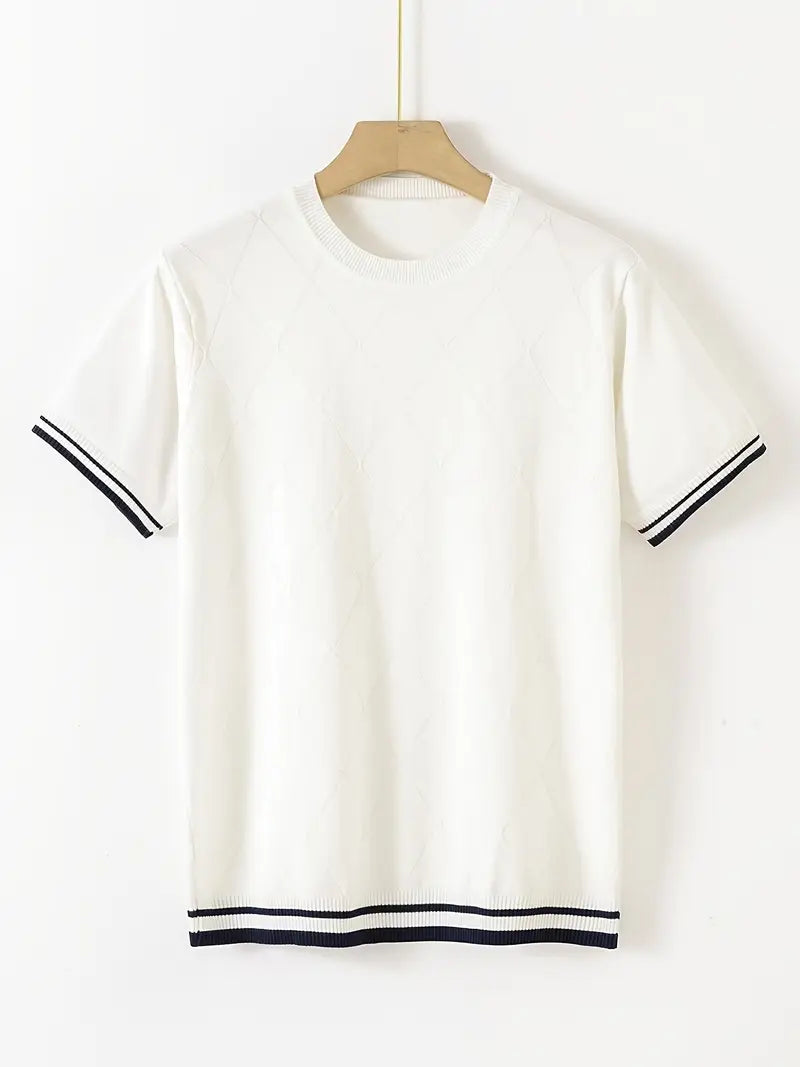 Spraykis | Men's Short-Sleeve Knit Shirt – With Round Neck & Striped Half Sleeves