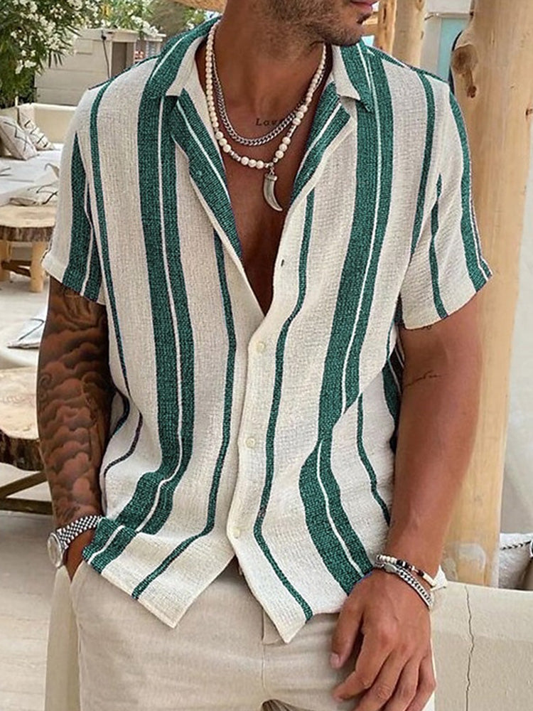Spraykis Men's Vacation Striped Cotton linen Shirt