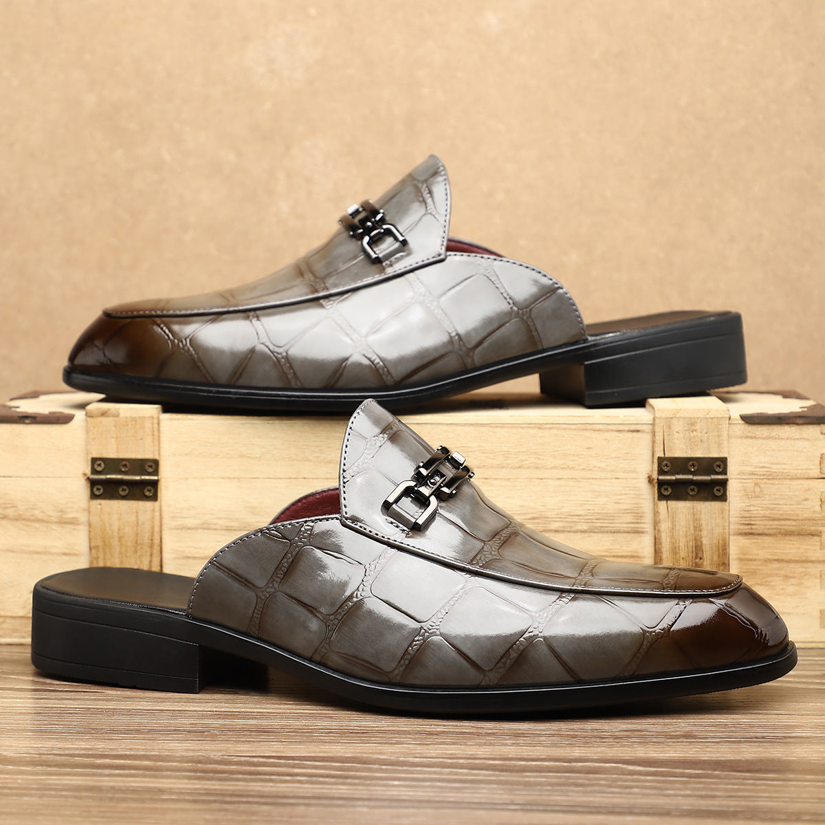 Victor Grey Croc Slip-On Shoes – Men’s Casual Backless Loafers