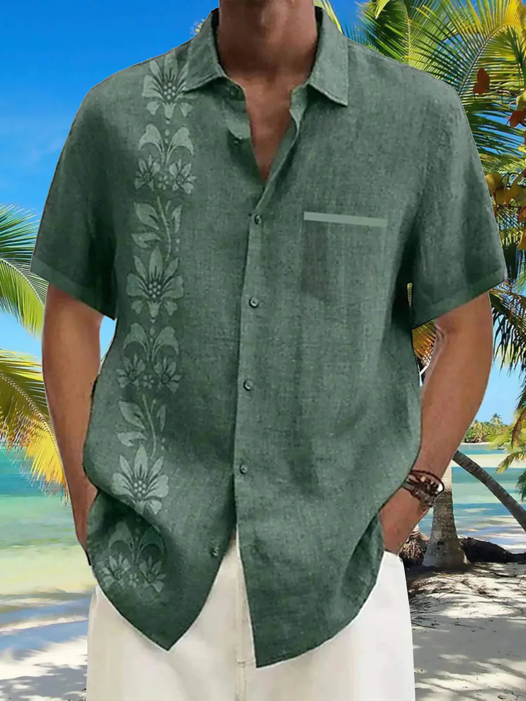 Men's Unilateral Striped Flower Vacation Casual Short Sleeve Shirt