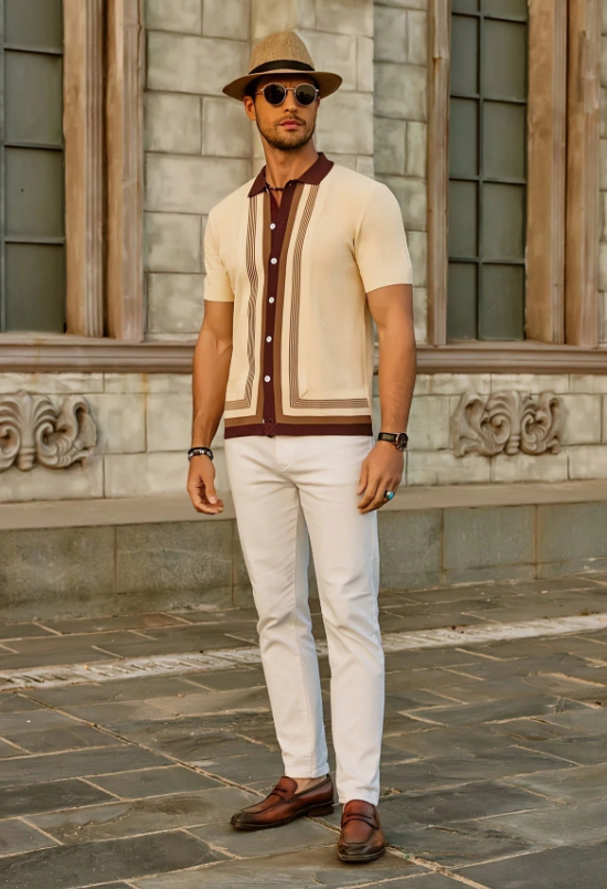 Spraykis | Men's Beige Knit Polo Shirt – Brown Striped Button-Down Summer Top with Collar Detail