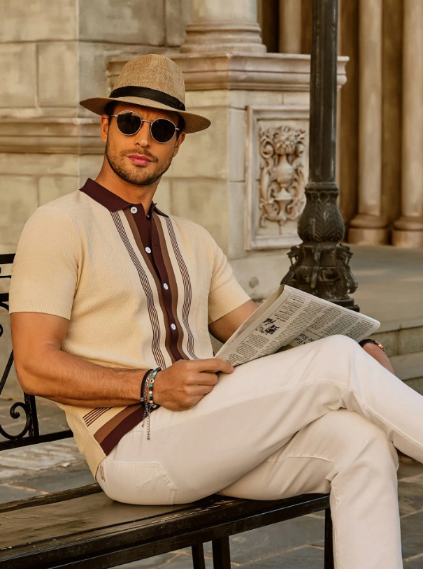 Spraykis | Men's Beige Knit Polo Shirt – Brown Striped Button-Down Summer Top with Collar Detail