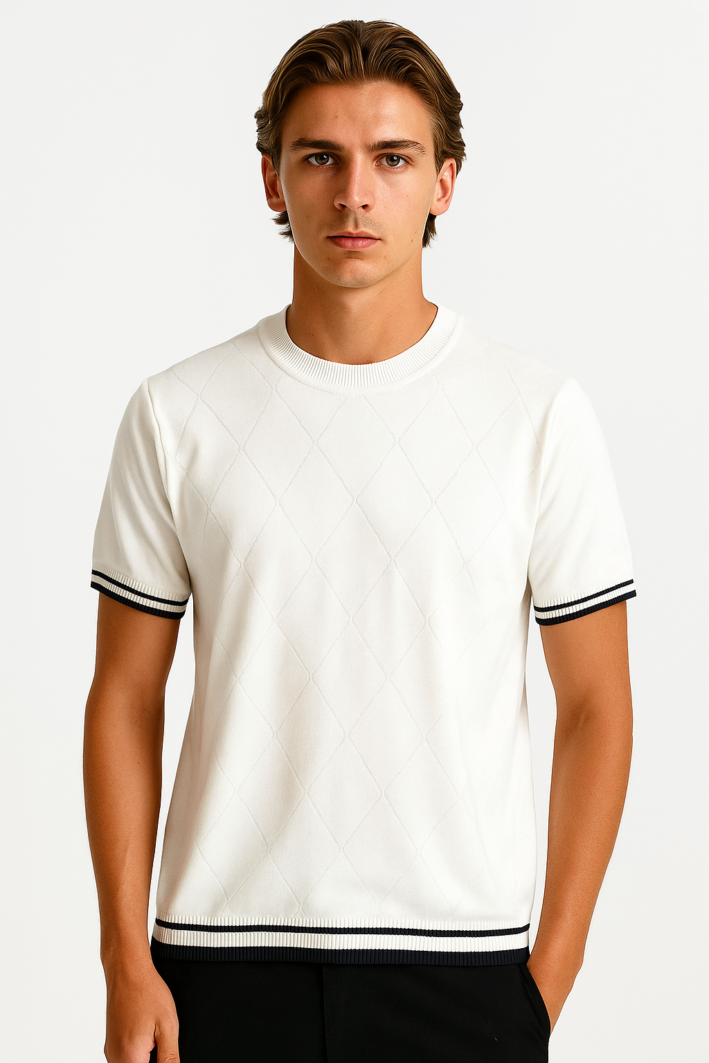 Spraykis | Men's Short-Sleeve Knit Shirt – With Round Neck & Striped Half Sleeves