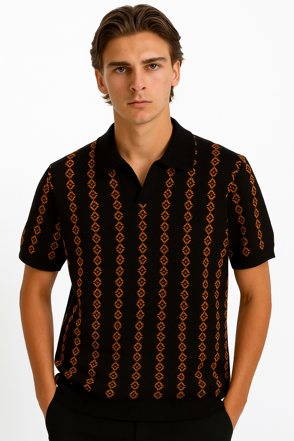 Spraykis | Men's V-Neck Knit Polo – Geometric Pattern, Short Sleeve, Regular Fit