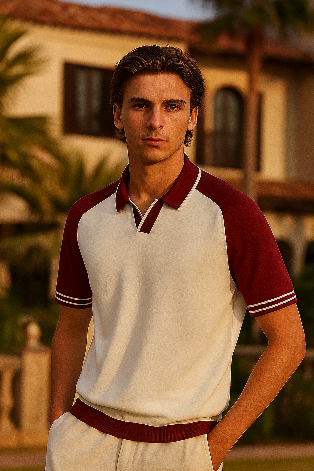 Spraykis | Men's Slim Fit Summer Polo – Breathable Short Sleeve with Maroon Contrast
