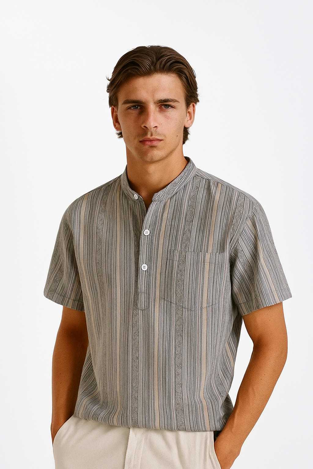 Spraykis | Men's Geometric Print Linen-Blend Henley Shirt – Breathable Casual Summer Shirt
