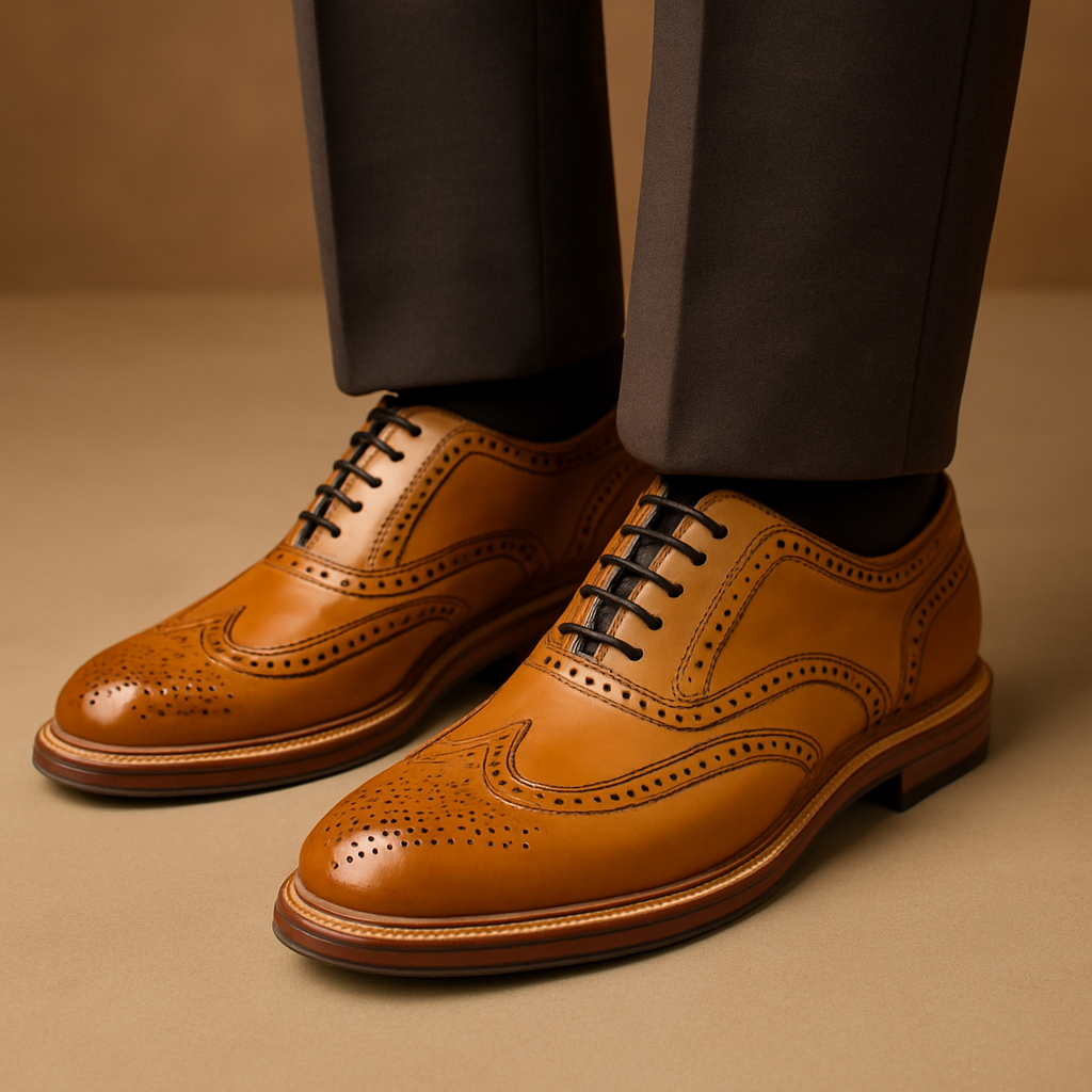 Men’s Full-Brogue Oxford Shoes – Classic Tan Leather Dress Shoes