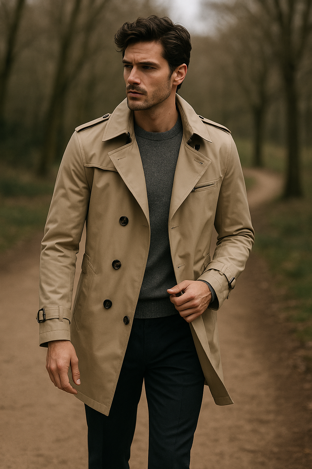 Lex | Men’s Double-Breasted Trench Coat – Structured Long Overcoat