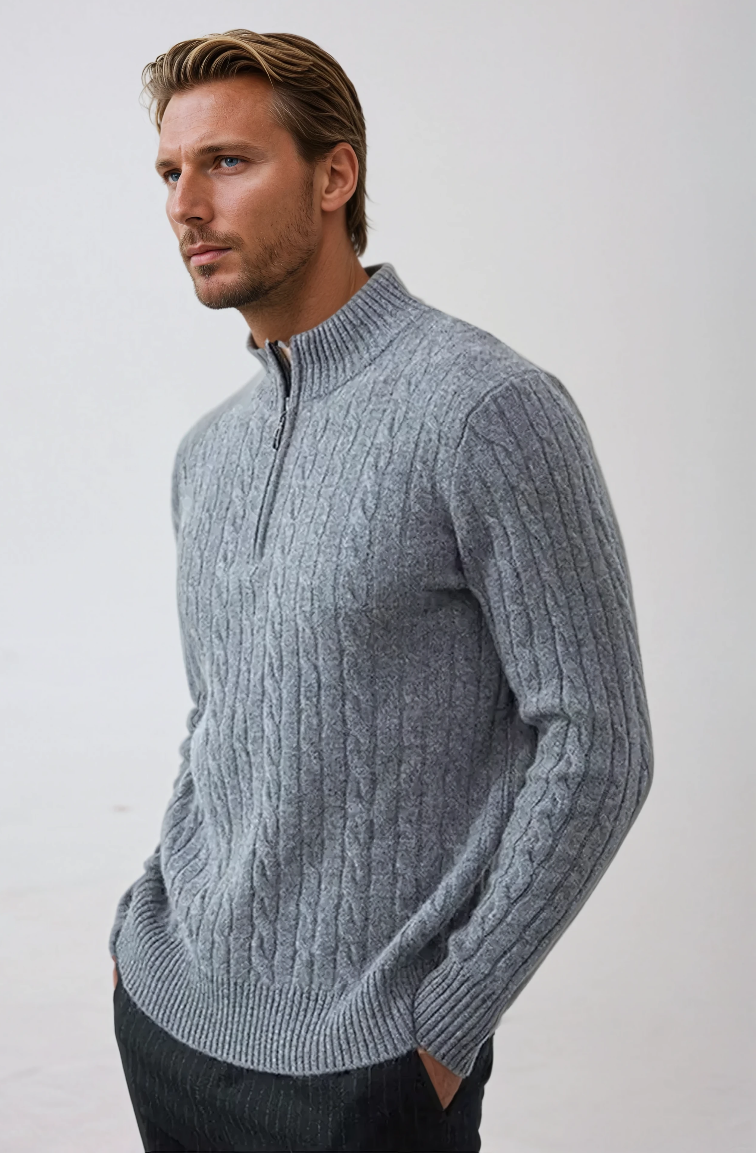 Men’s Dark Grey Cable Knit Zip Sweater – Warm Knitted Pullover