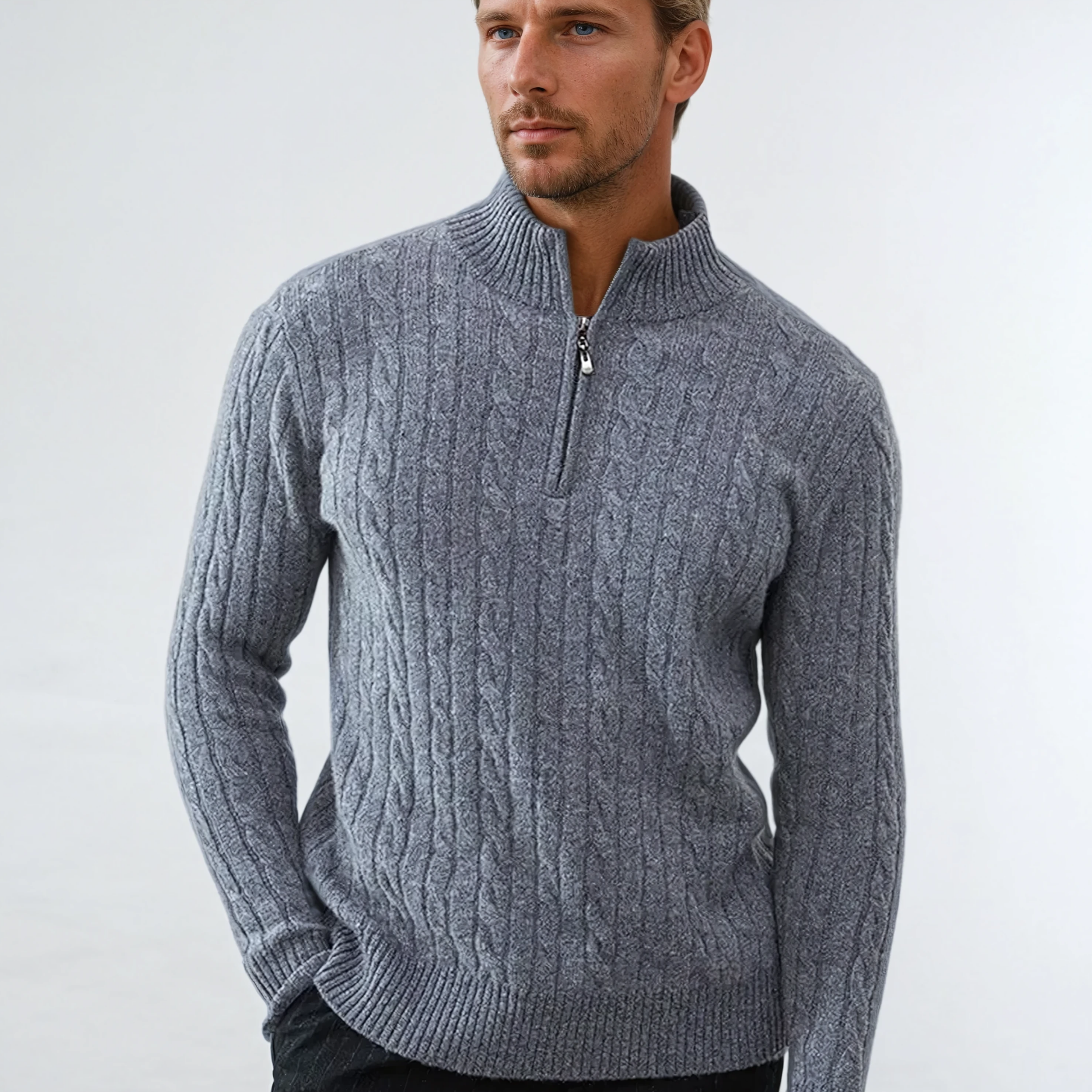 Men’s Dark Grey Cable Knit Zip Sweater – Warm Knitted Pullover