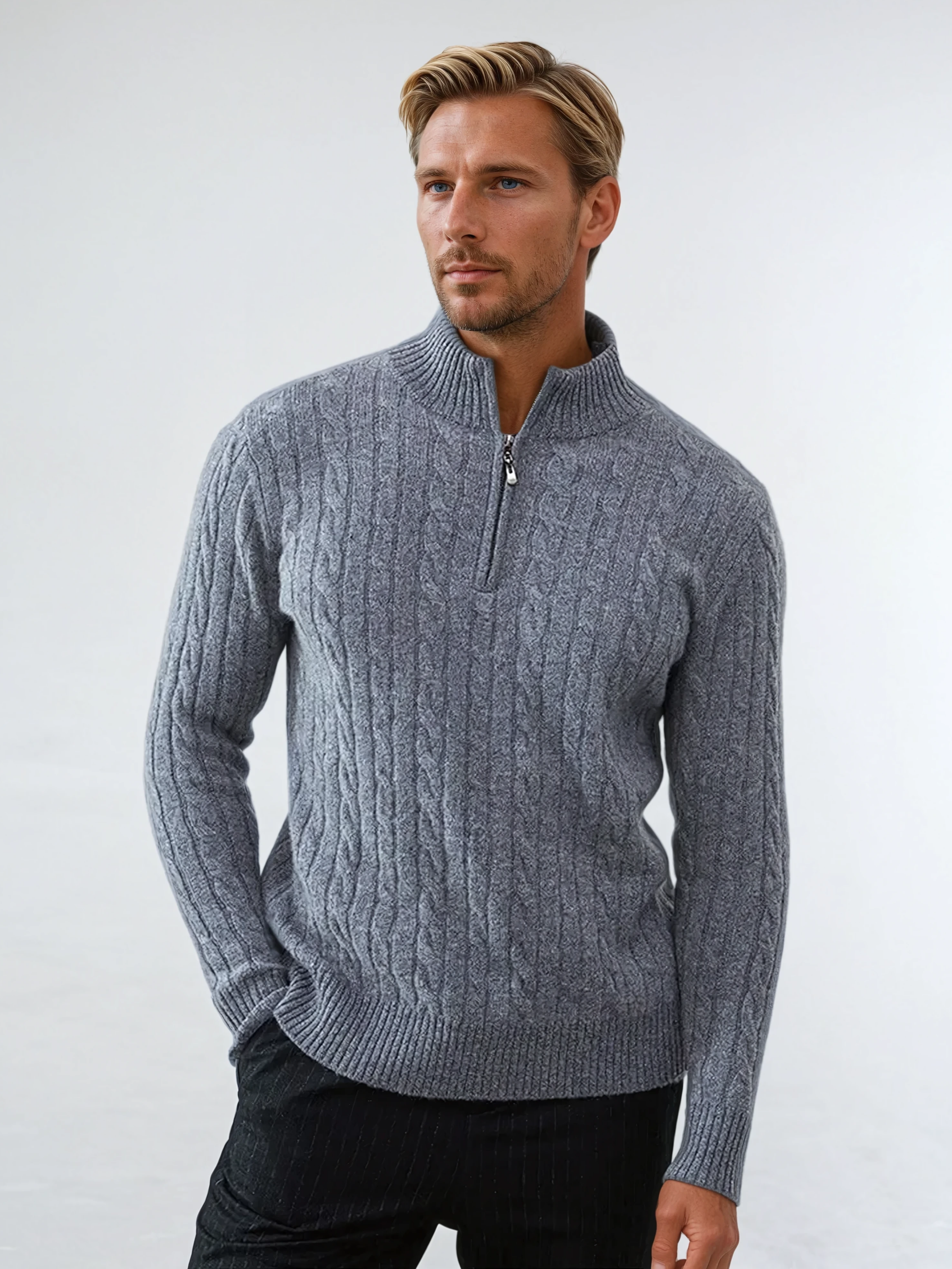 Men’s Dark Grey Cable Knit Zip Sweater – Warm Knitted Pullover
