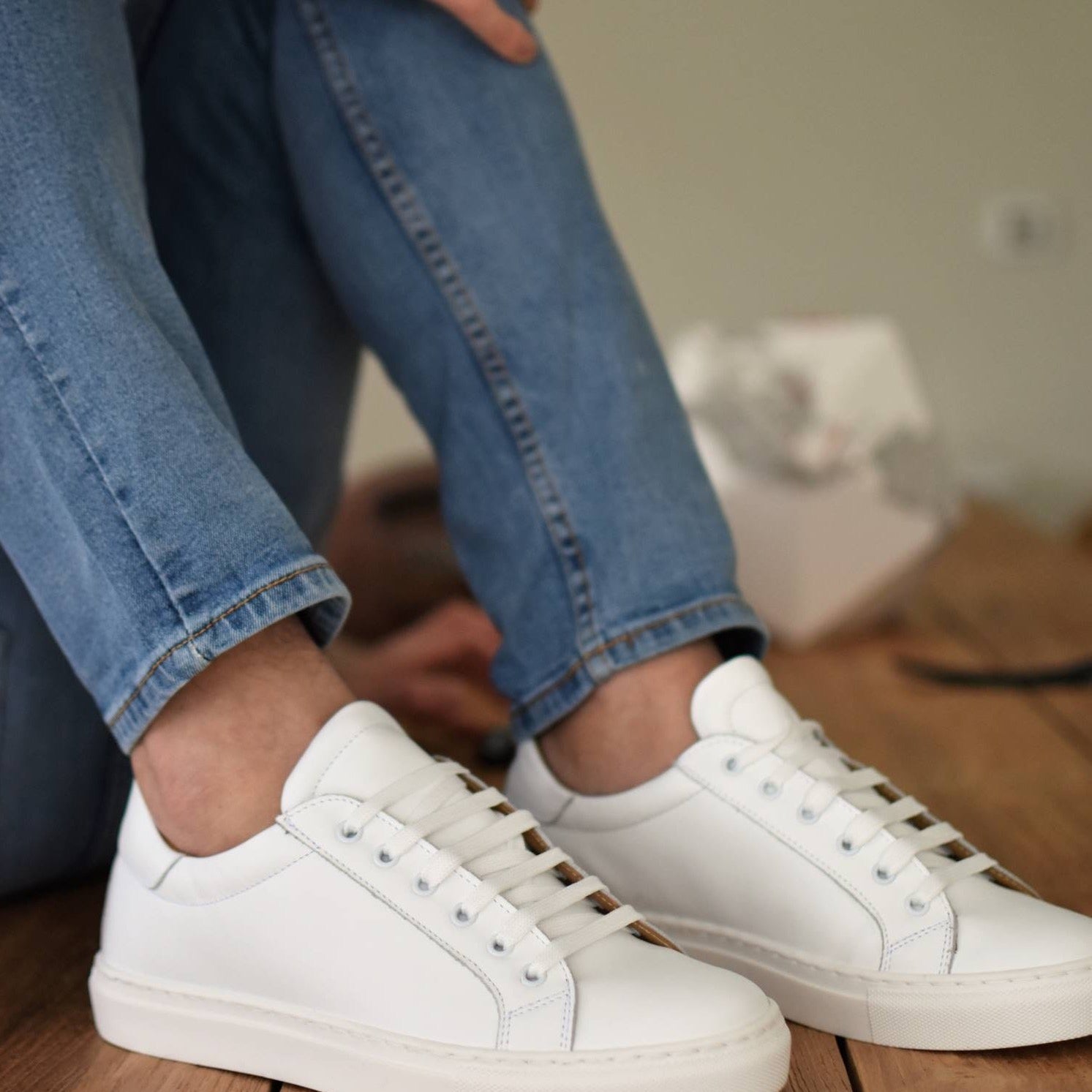Men’s White Leather Sneakers – All Season Italian Shoes – Rubber Sole