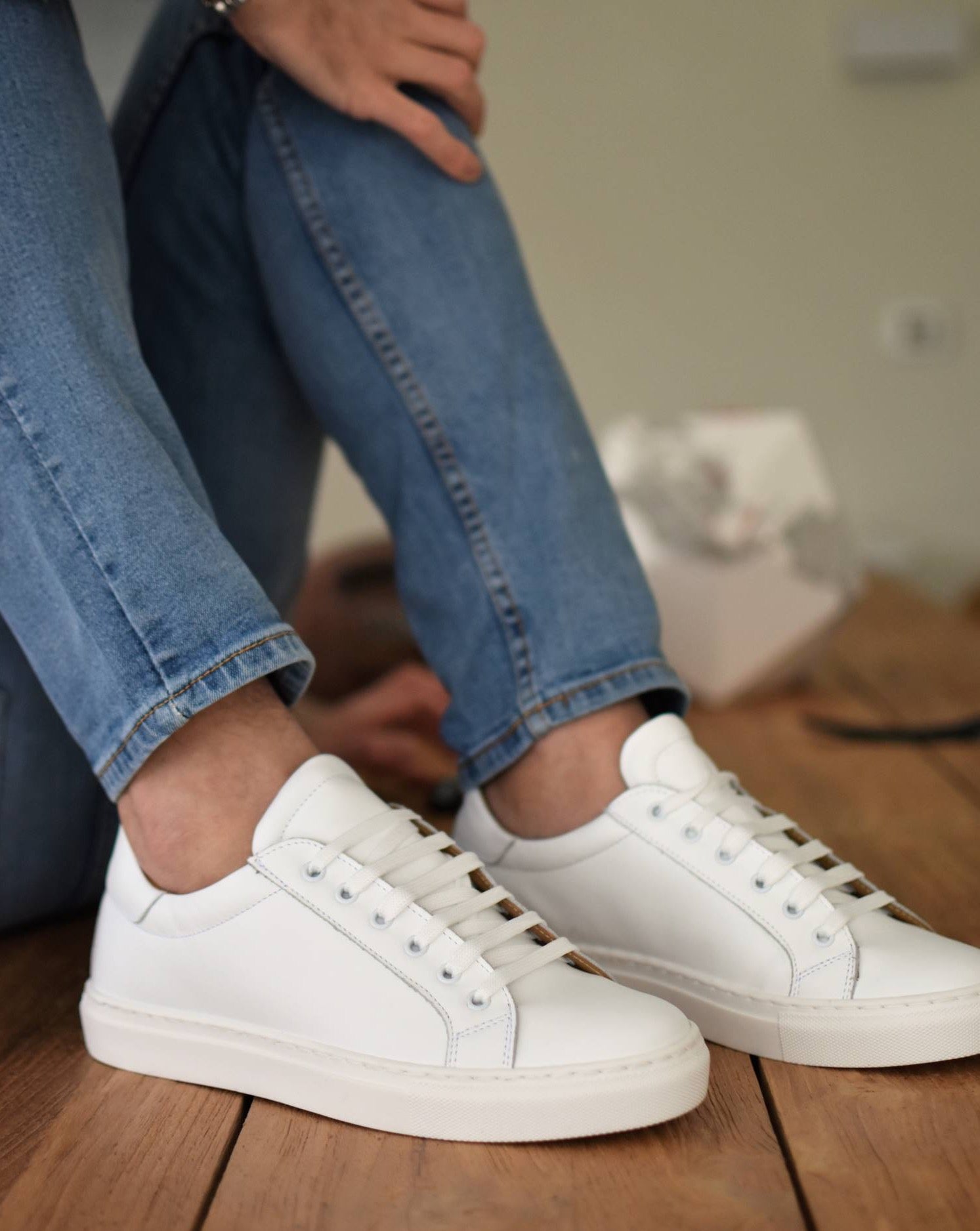 Men’s White Leather Sneakers – All Season Italian Shoes – Rubber Sole