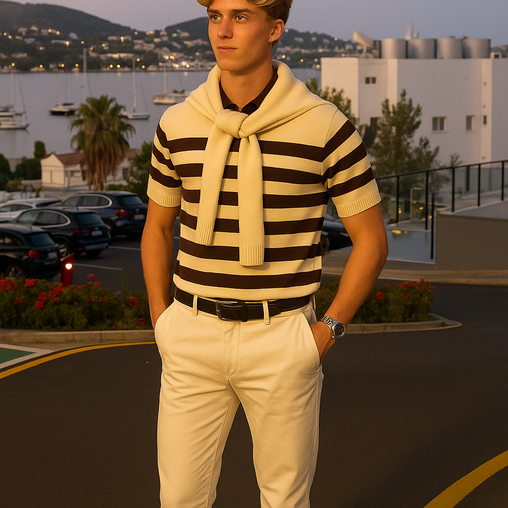 Men’s Striped Knit Polo Shirt – Breathable Lyocell Fabric & Old Money Aesthetic for Summer Elegance