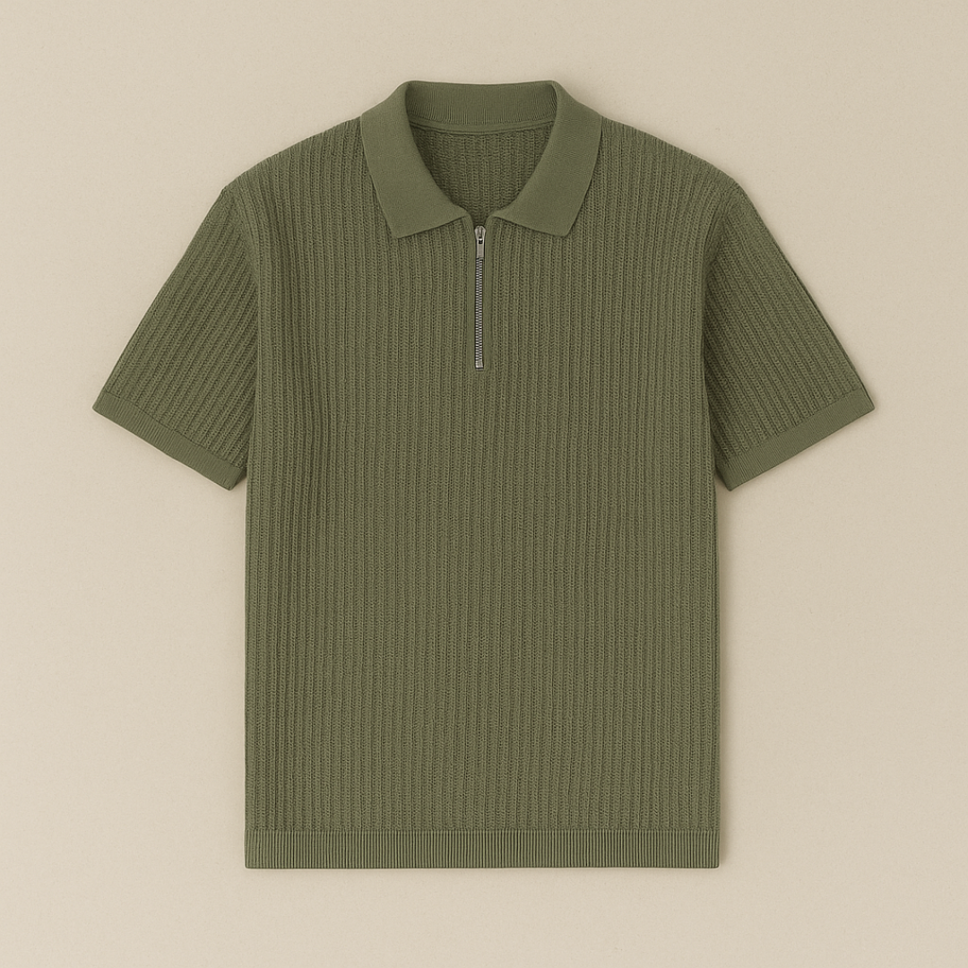 Men’s Textured Knit Polo Shirt with Half-Zip – Modern Minimalist Style for Smart Casual & Business Wear