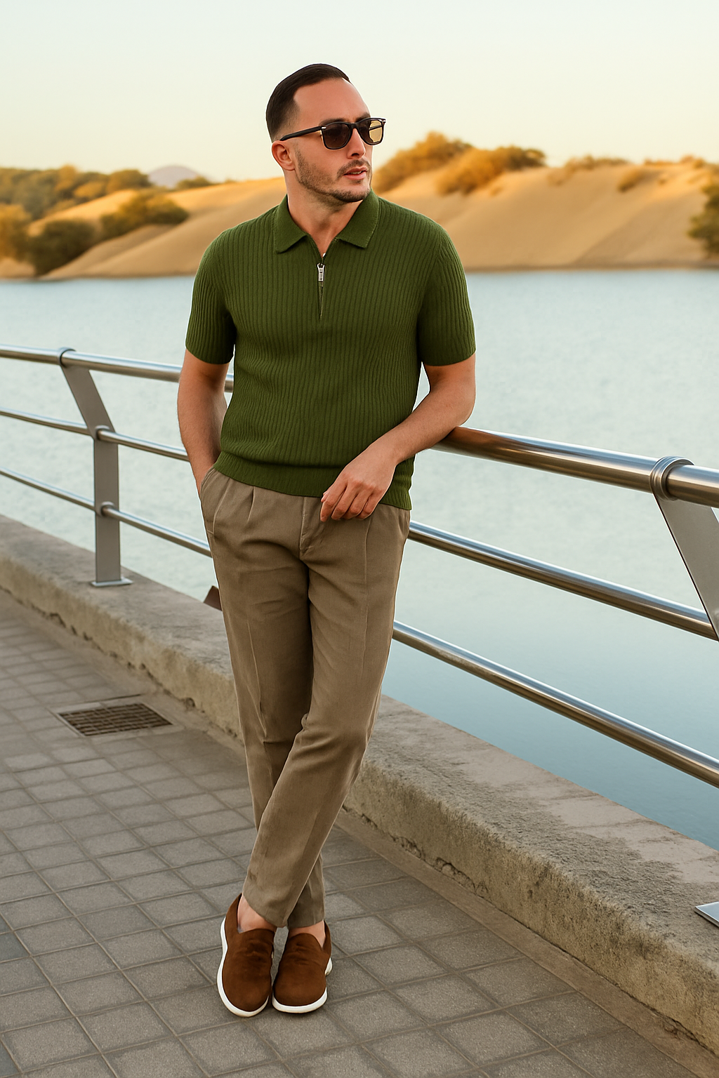 Men’s Textured Knit Polo Shirt with Half-Zip – Modern Minimalist Style for Smart Casual & Business Wear