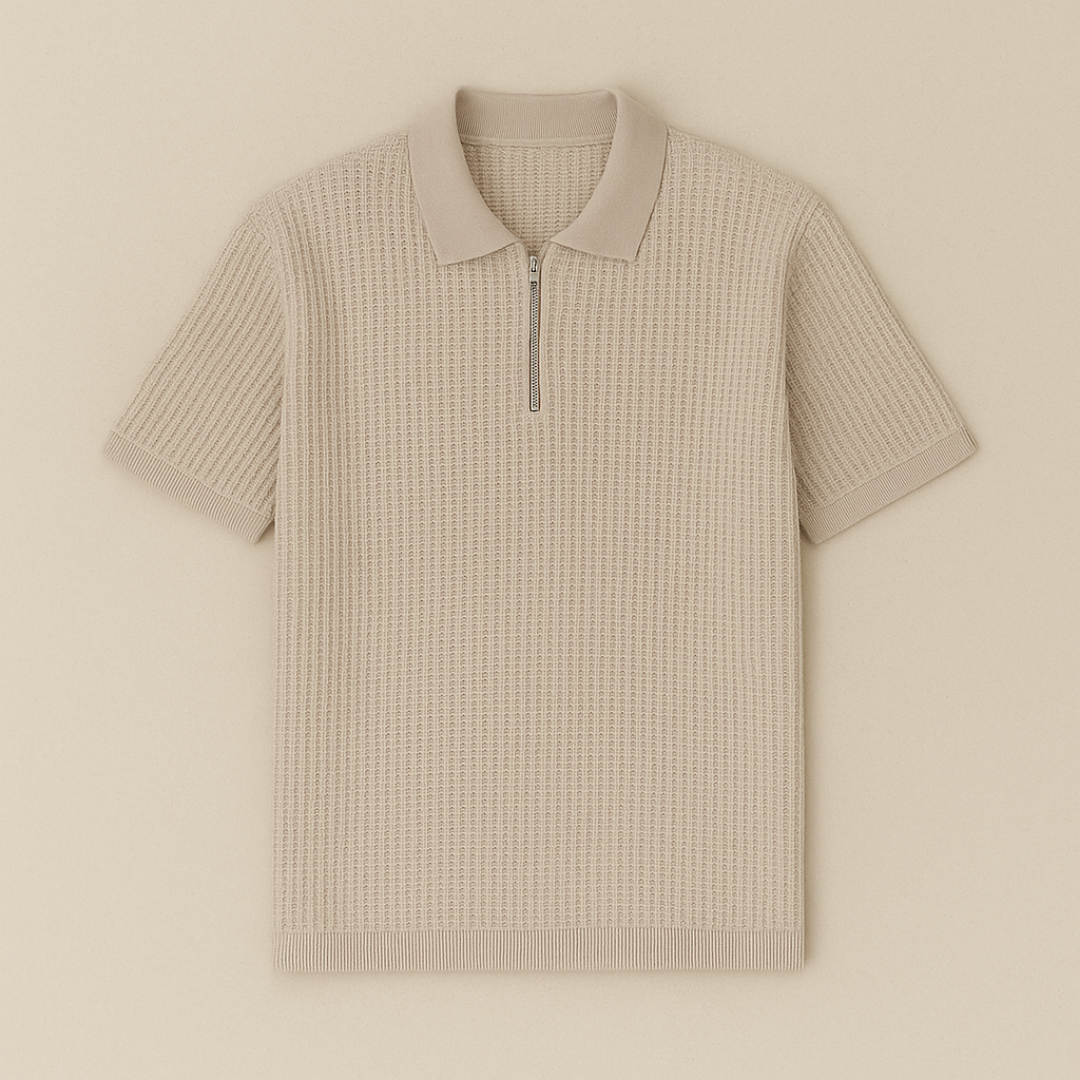 Men’s Textured Knit Polo Shirt with Half-Zip – Modern Minimalist Style for Smart Casual & Business Wear